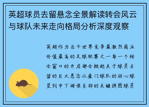 英超球员去留悬念全景解读转会风云与球队未来走向格局分析深度观察